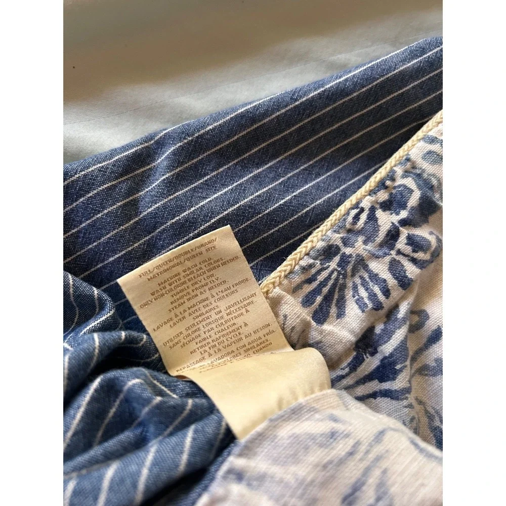 Ralph Lauren Bluff Point Queen Duvet Cover Floral White Blue Stripe Rope Trim‎